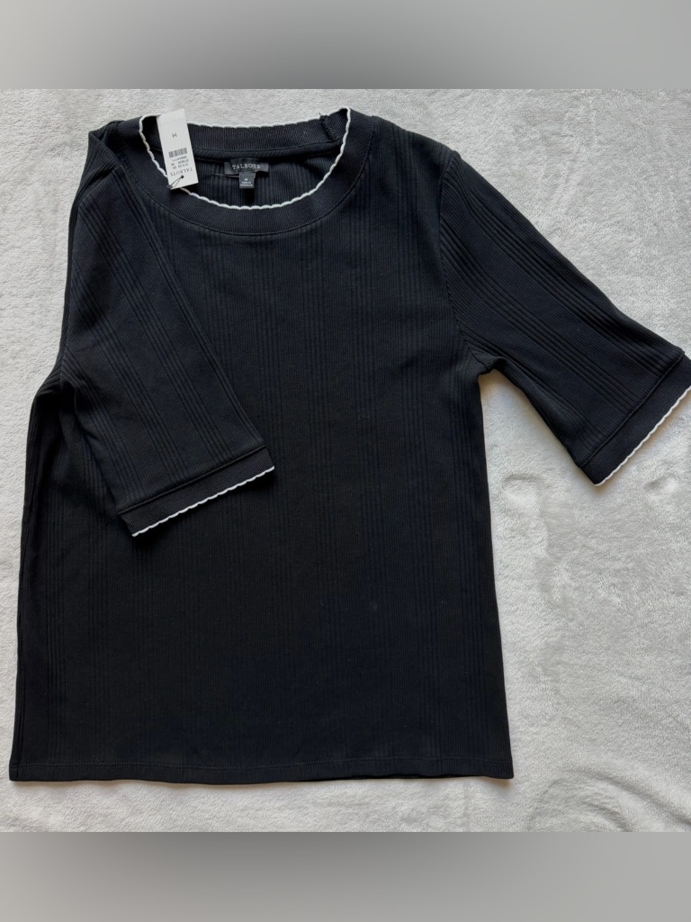 Talbots Black Ribbed Knit Top with White Trim